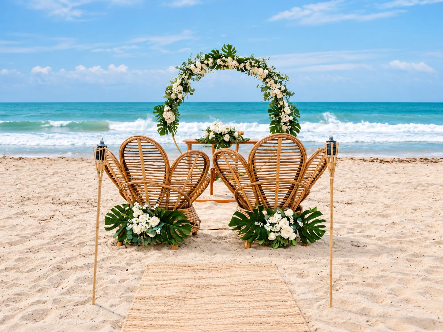 Ceremonia de bodas frente al mar con arco floral y sillas de mimbre en Santa Marta